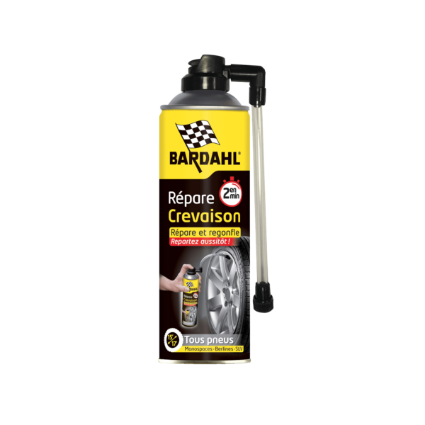 Flacon de Bardahl 4940 SOS Crevaison 500ML, produit de réparation et regonflage de pneu en cas de crevaison.